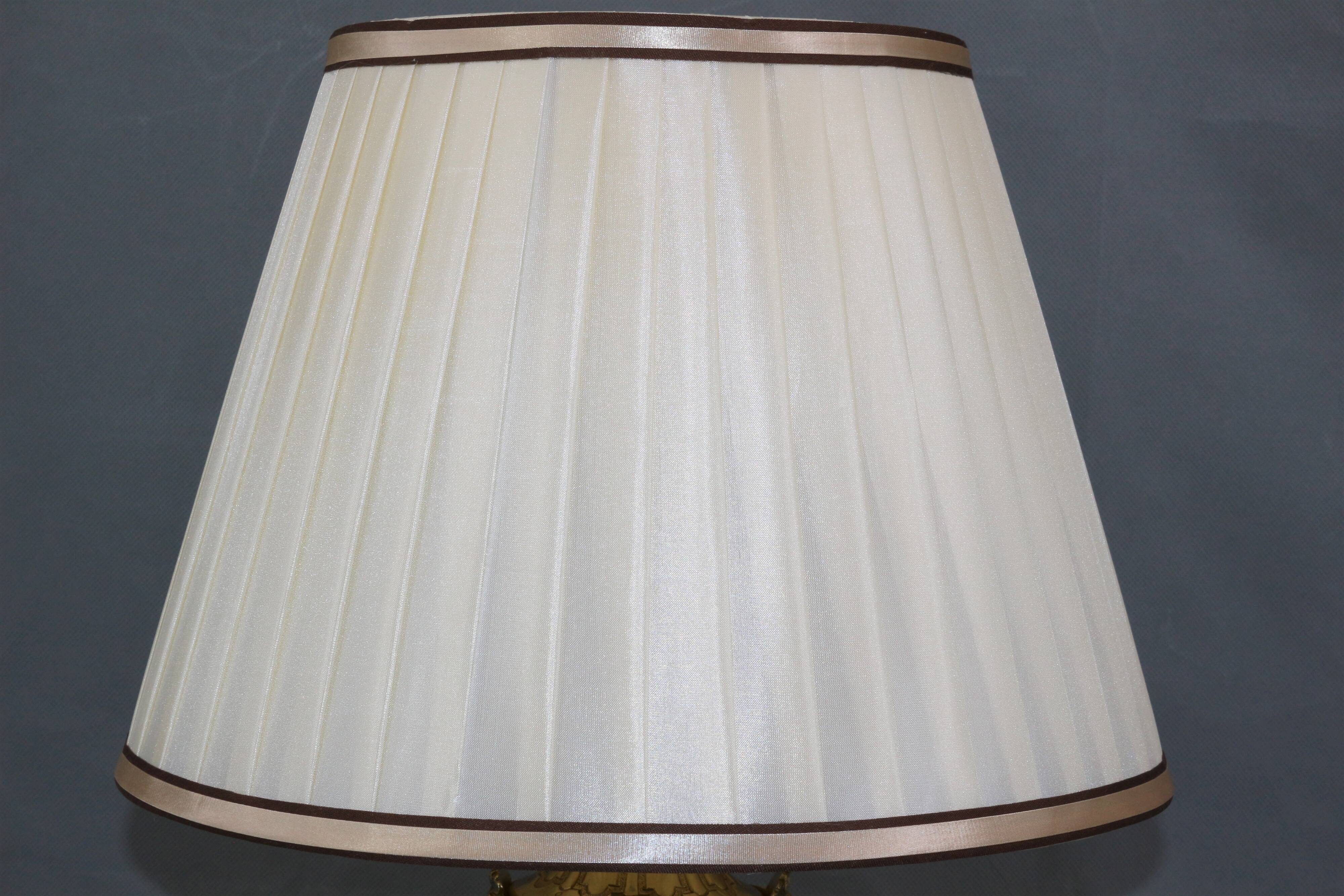 Lamp in gilded bronze & veined water green marble & pleated lampshade