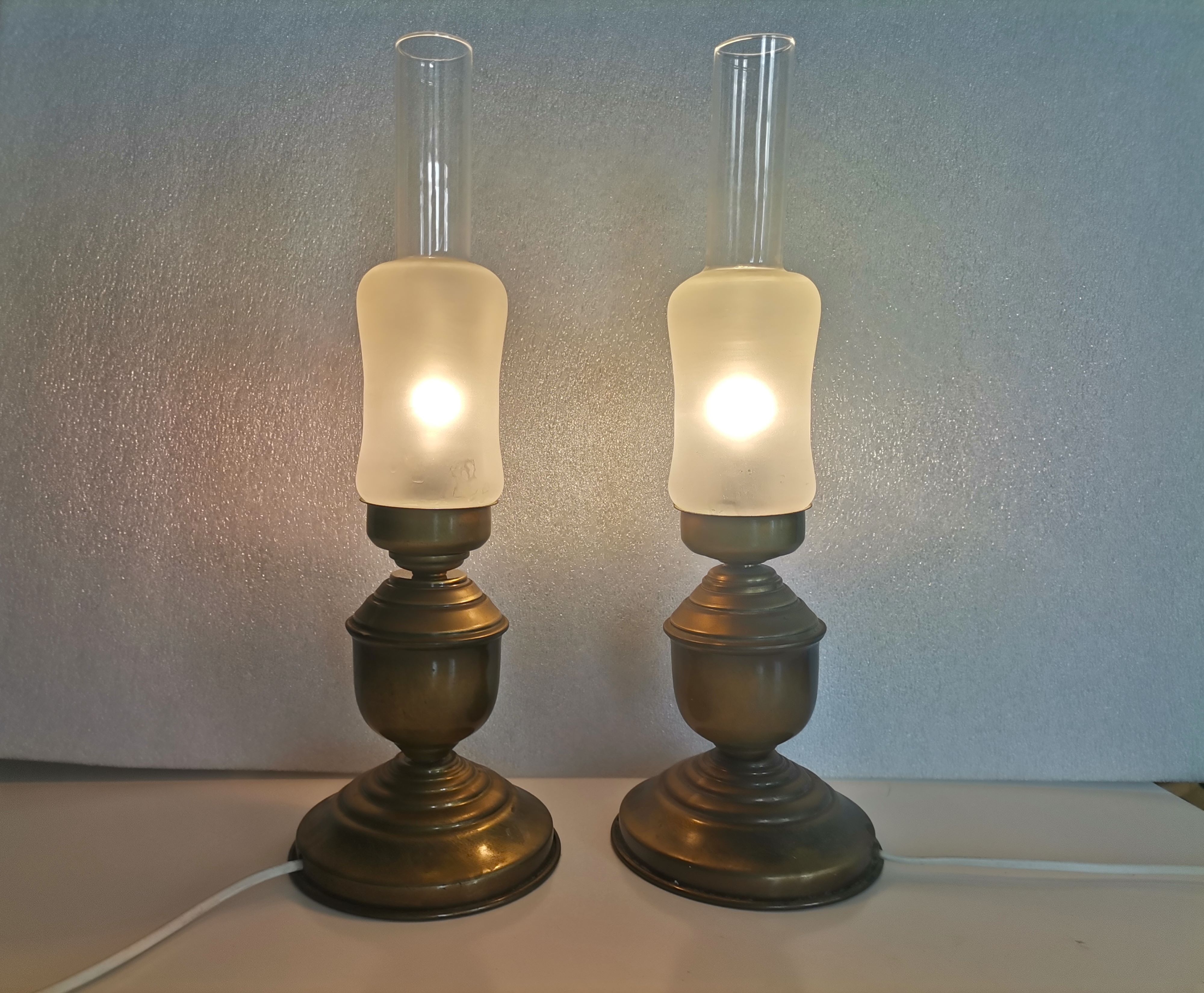Portuguese rustic brass and frosted glass bedside lamps 1960s set of 2