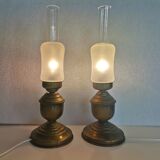 Portuguese rustic brass and frosted glass bedside lamps 1960s set of 2