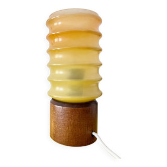 Vintage Bedside Lamp Wood Base & Yellow Orange Glass, VEB Lighting, GDR
