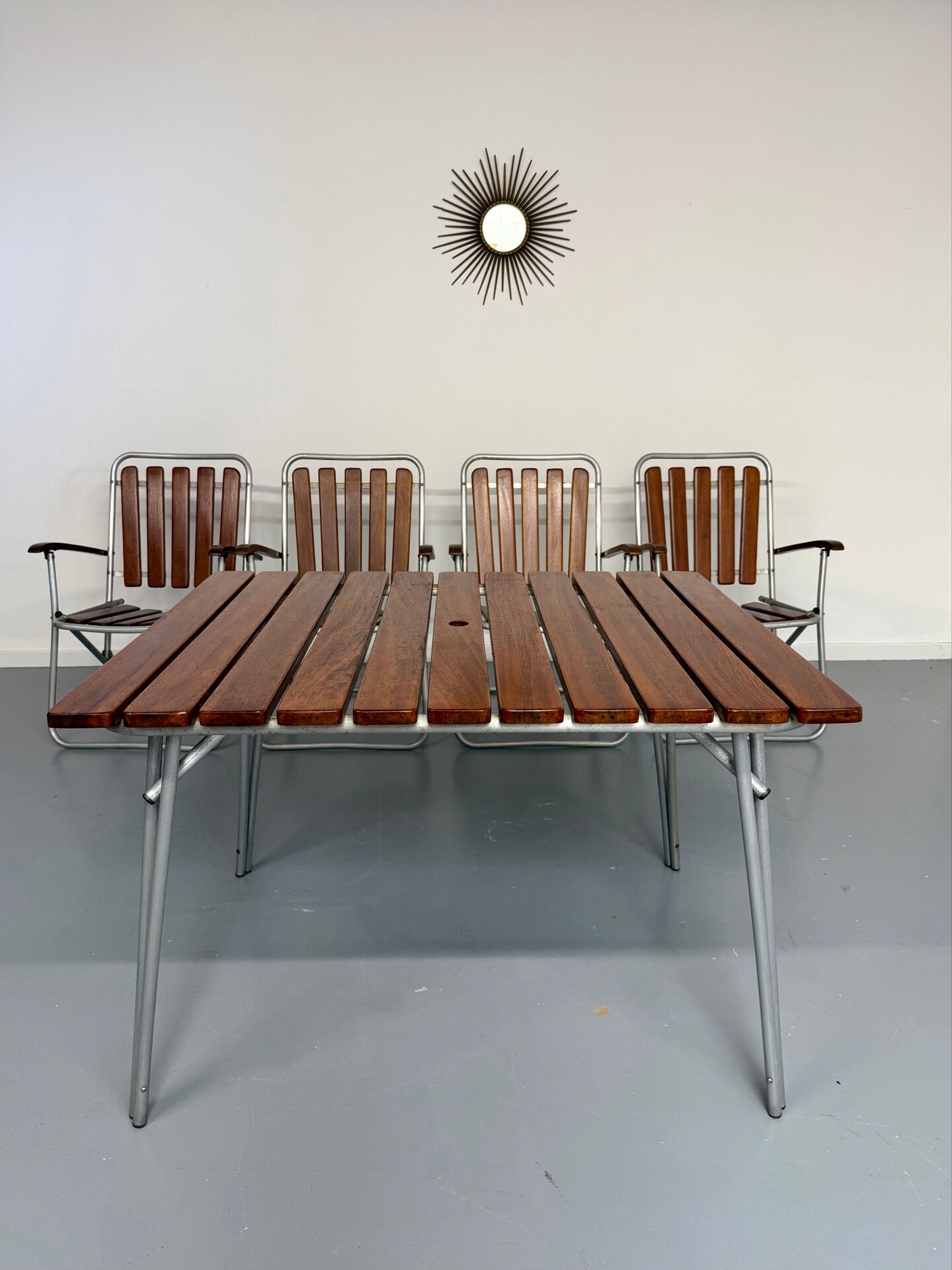 Vintage folding garden set table 4 chairs wood and metal 1960