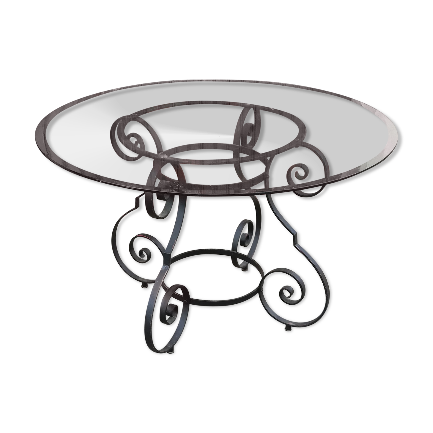 Table fer forgé et plateau verre