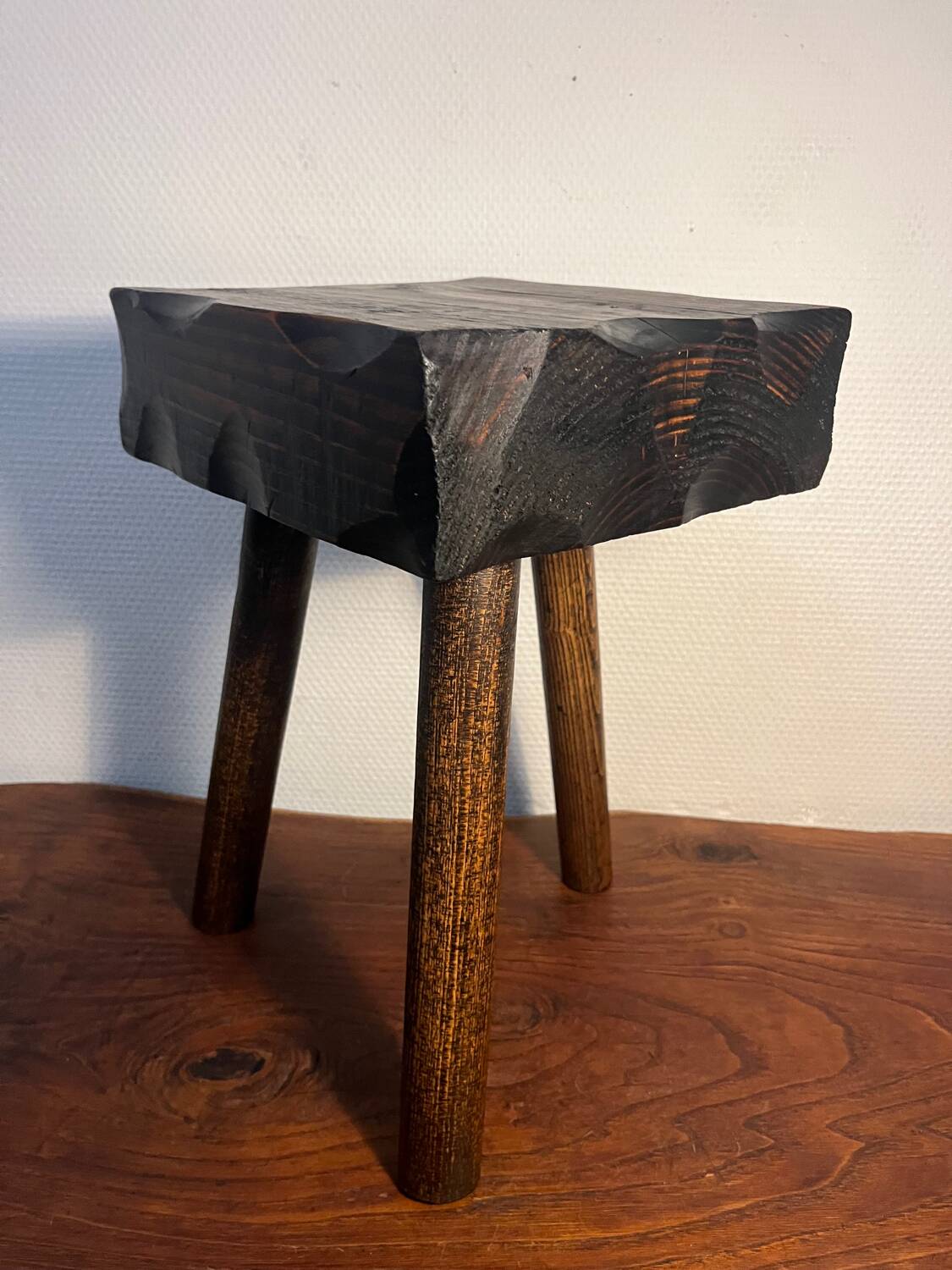 Brutalist tripod wooden stool