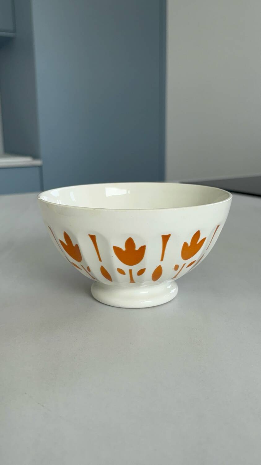 Antique bowl Sarreguemines France | Vintage yellow flower earthenware bowl | Va