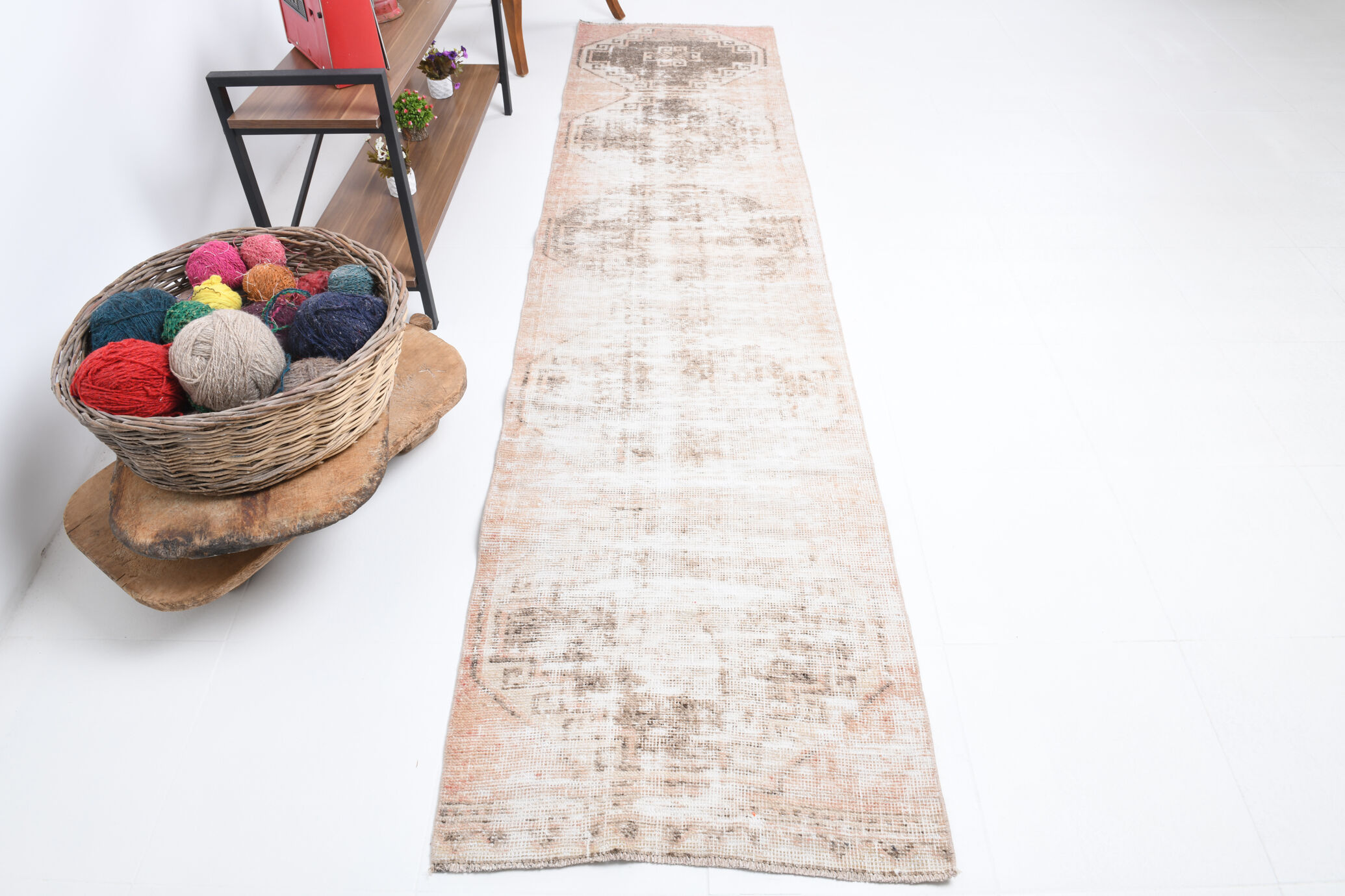 Distressed wool vintage runner rug 312x76cm