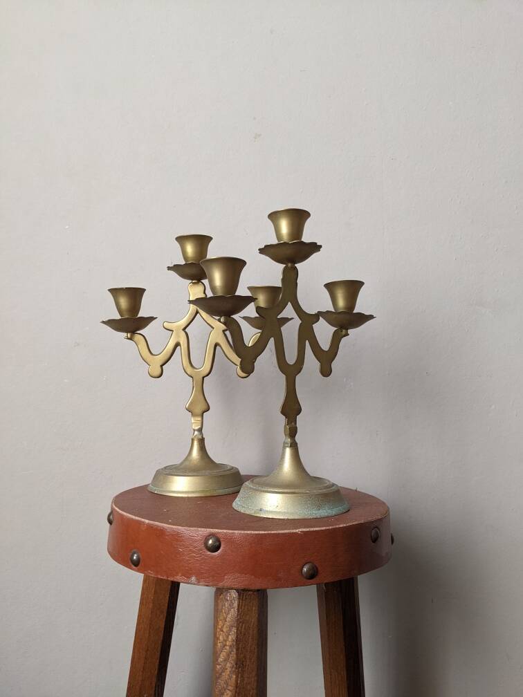 Pair of 3-branch brass candlesticks, Scandinavian country bohemian decoration