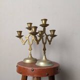 Pair of 3-branch brass candlesticks, Scandinavian country bohemian decoration