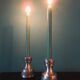 Pair of white pewter candlesticks decorated with bas-relief. "Perletin". Norway 1960
