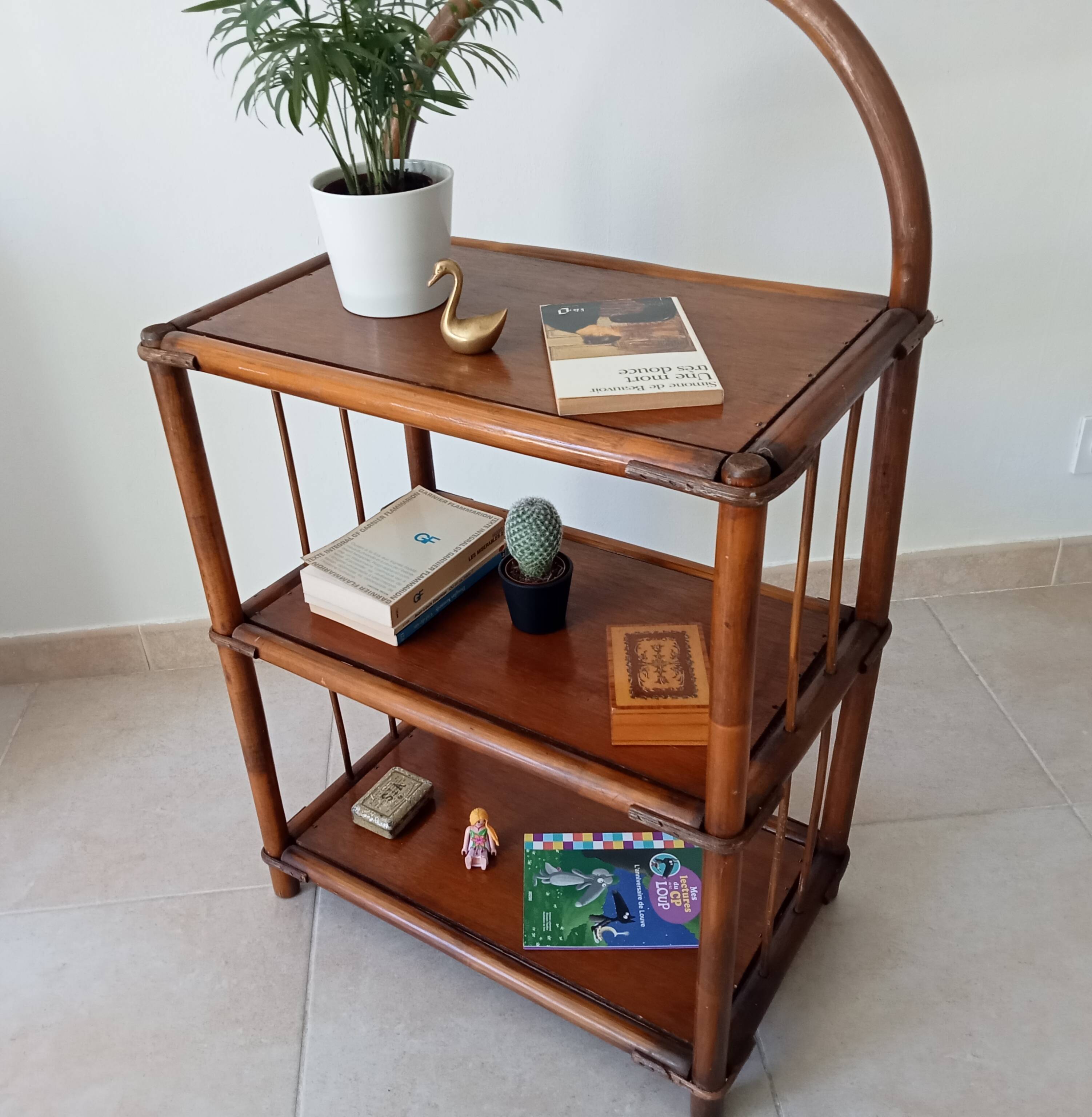 Vintage bamboo and rattan standing shelf