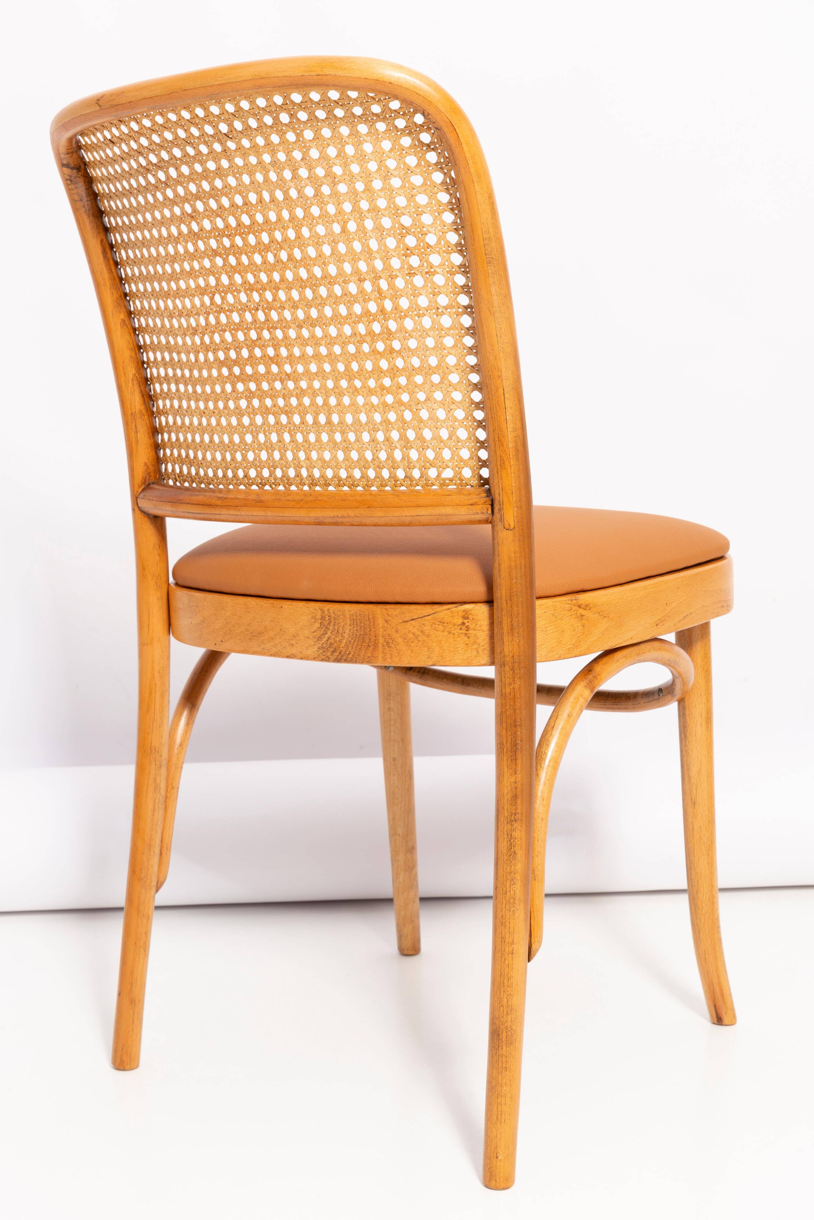 Thonet chair in rattan, camel faux leather and wood - 1960s