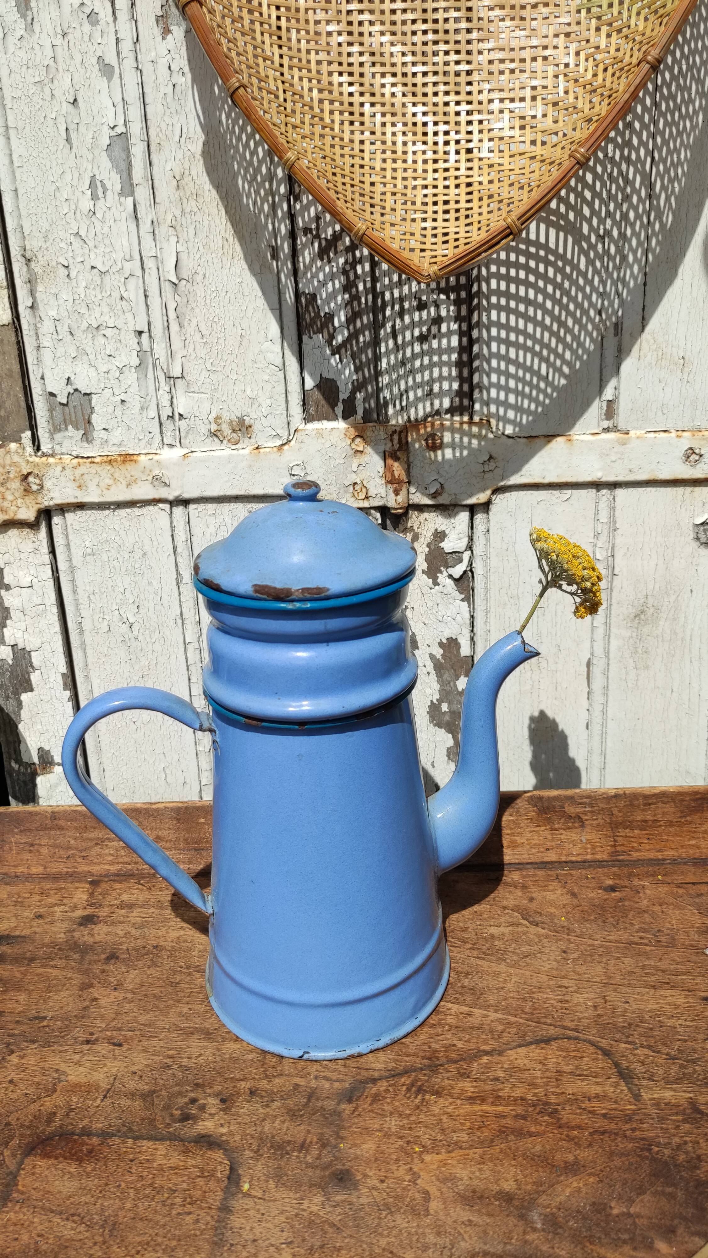 Blue coffee maker in vintage enamelled sheet metal