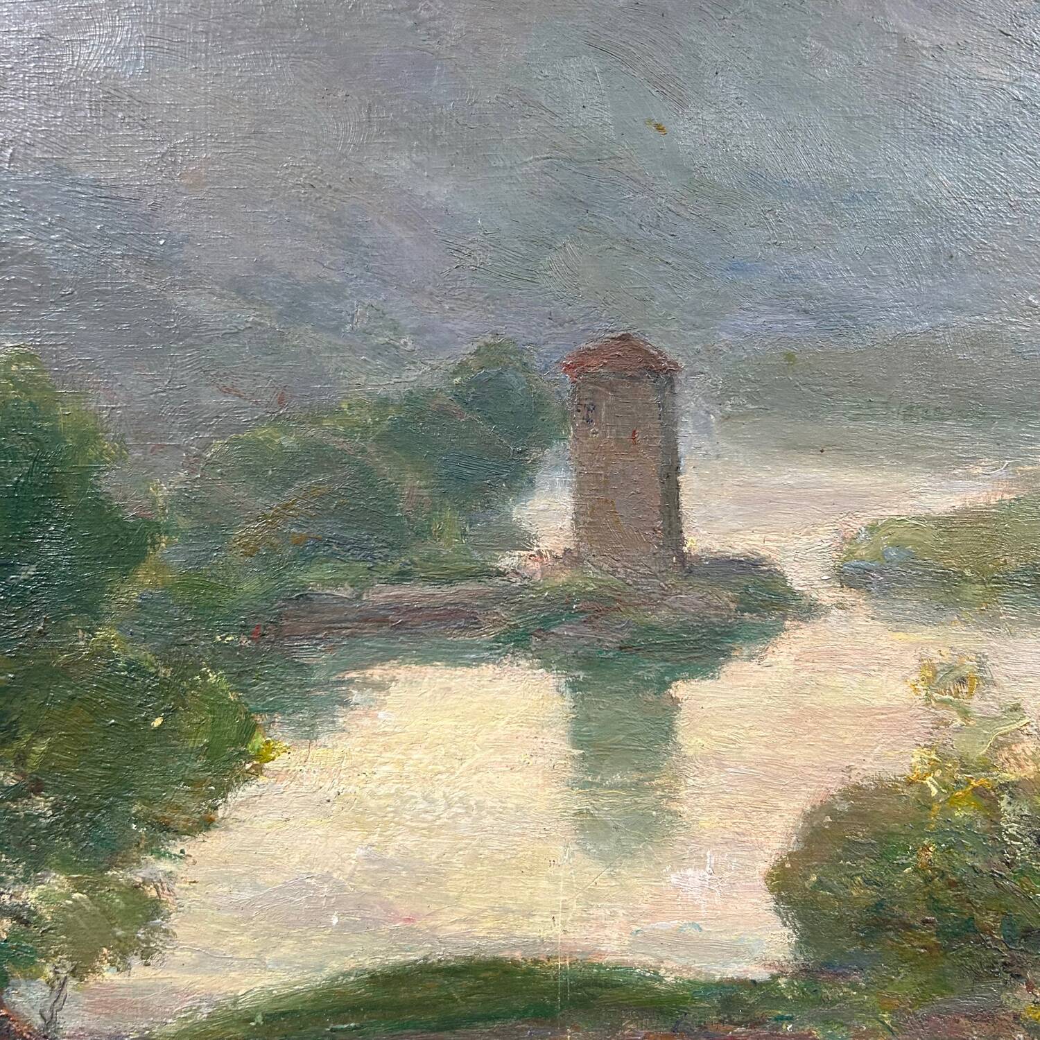 Antique painting of a lake and mountain landscape