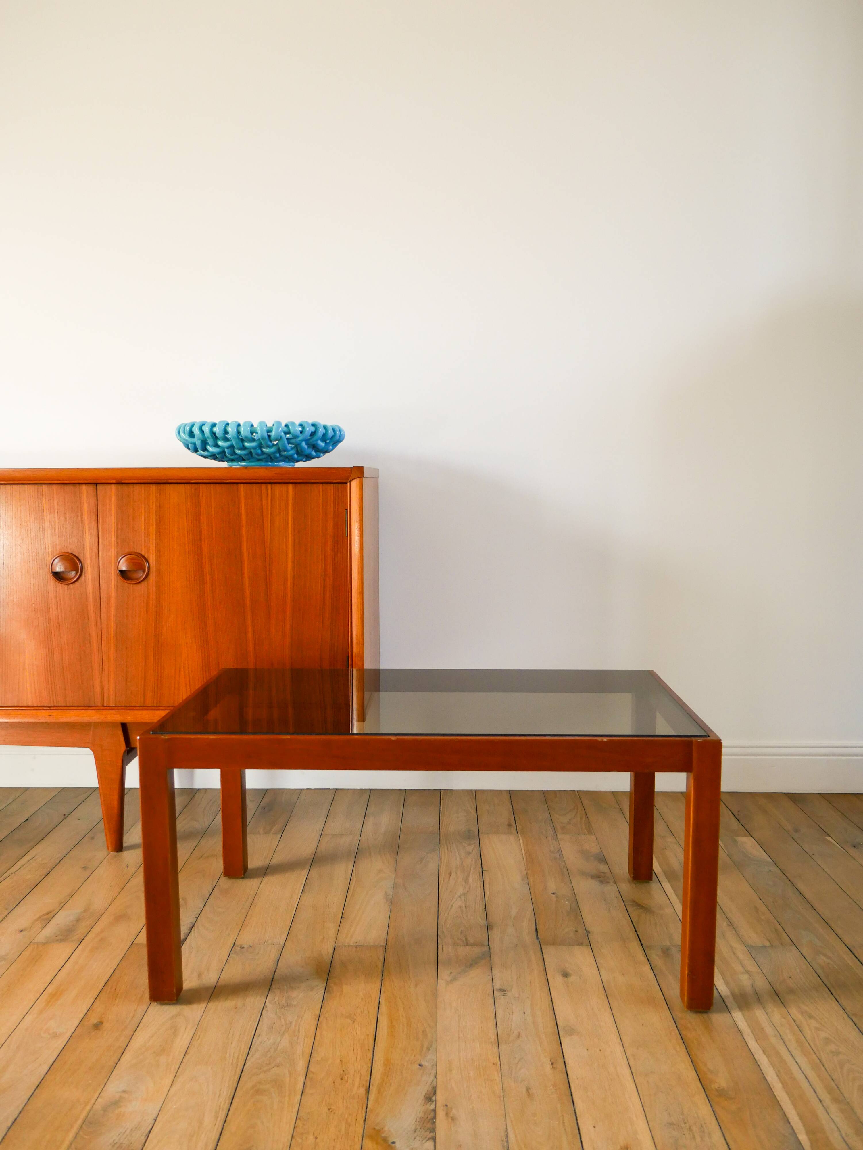Wood and smoked glass coffee table, Design, 1970