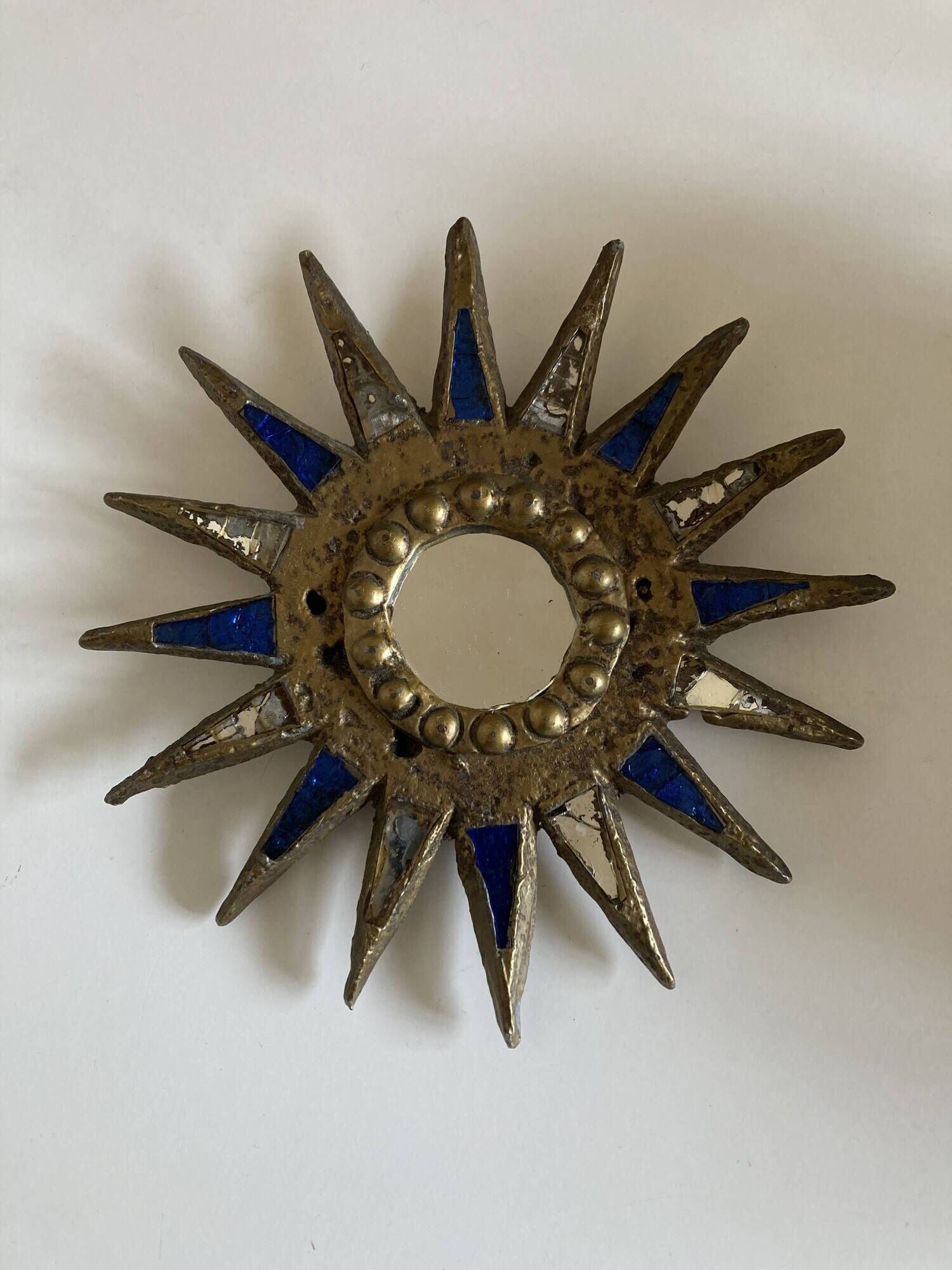 Sun mirror in gilded lead and blue glass Irena Jaworska 1960