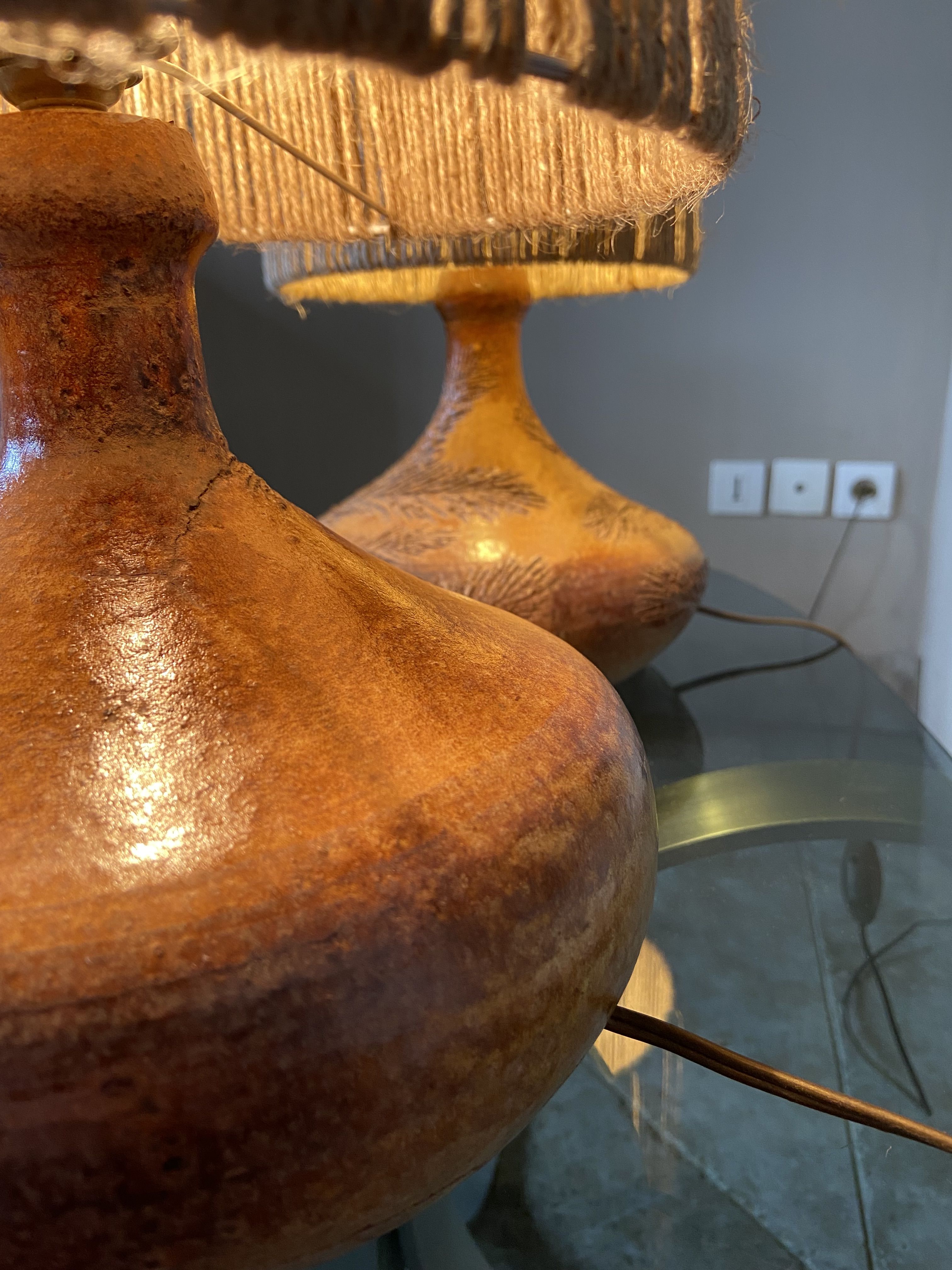 Pair of vintage Vallauris scarified seagrass stoneware lamps and rope lampshade