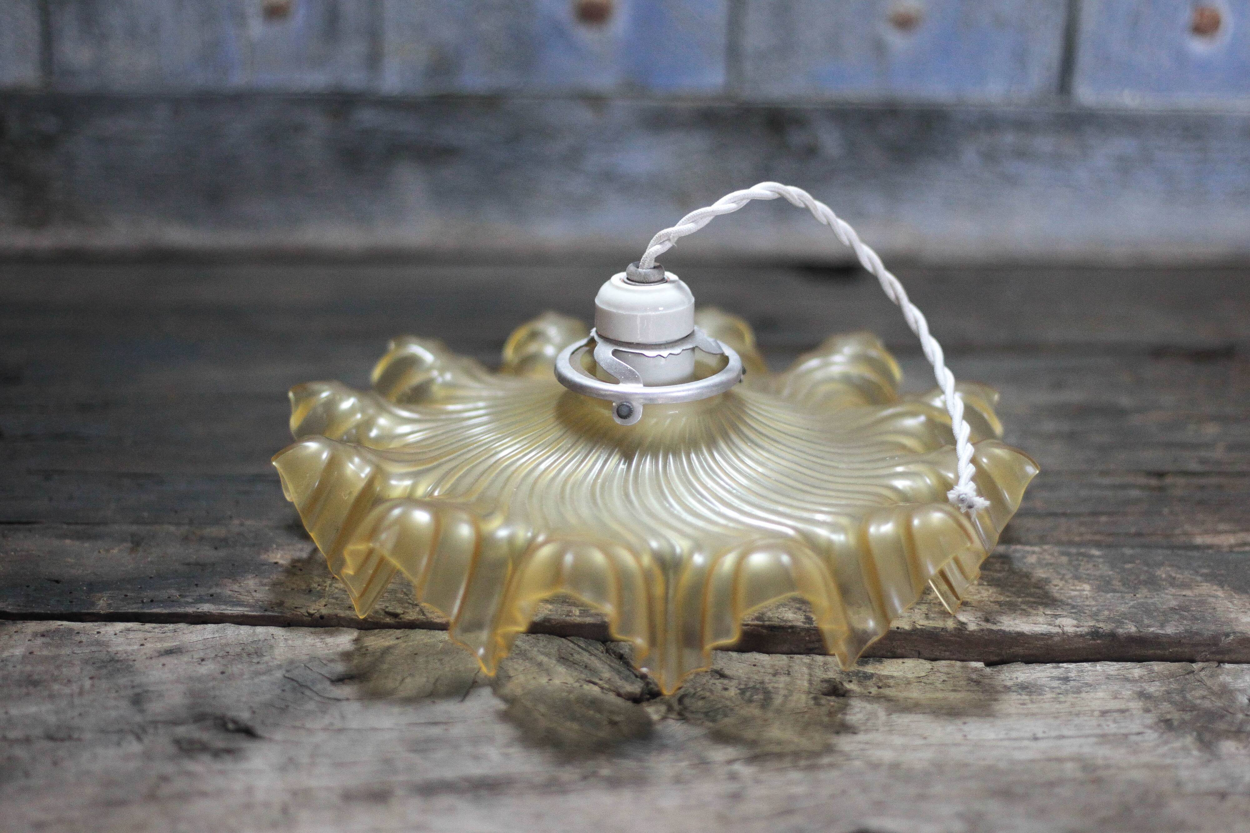 Vintage yellow glass suspension with corolla, glass chandelier, ceiling lamp.