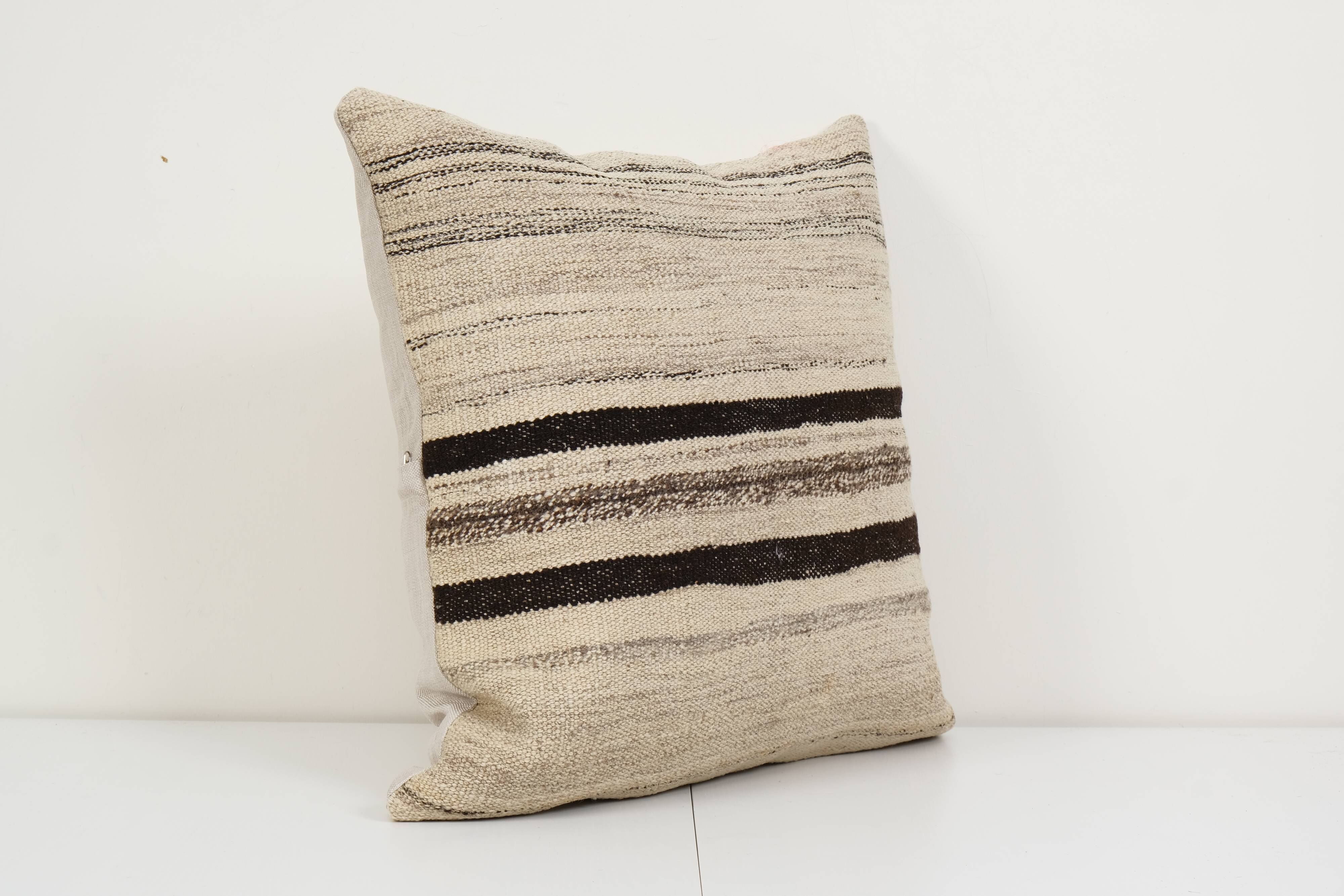 24" x 24" vintage minimalist style hemp pillow with original details, oversize wool turkish kilim