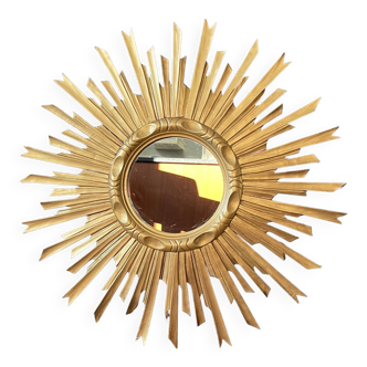 Old gilded wood sun mirror, 70 cm, mid-20th century