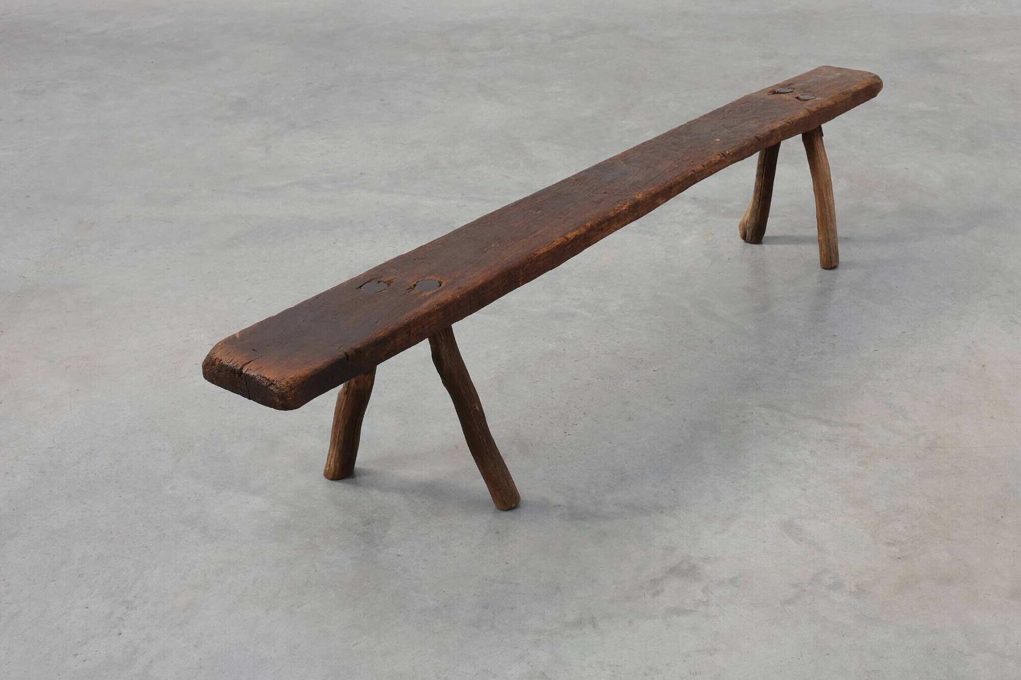 French Primitive Farmhouse Bench with Splayed Legs, 19th Century