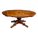 Victorian burl walnut wood coffee table with central leg inlay