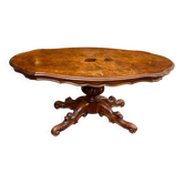Table basse victorienne en bois de ronce de noyer incrustation pied central