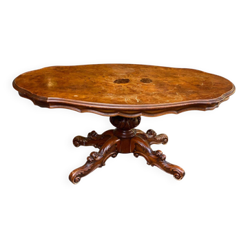 Table basse victorienne en bois de ronce de noyer incrustation pied central