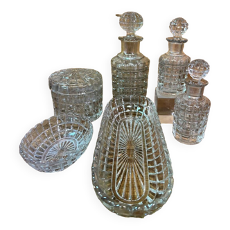 Nécessaire de toilette ancien, 6 pièces, cristal de baccarat, flacons, pot