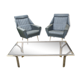 Vintage golden 70s coffee table and space age smoked glass