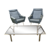 Vintage golden 70s coffee table and space age smoked glass