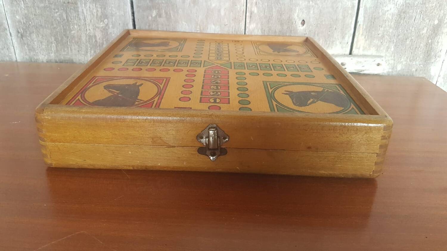 Ancien Plateau De Jeu De L’Oie Dames Petits Chevaux En Bois Vintage #A690