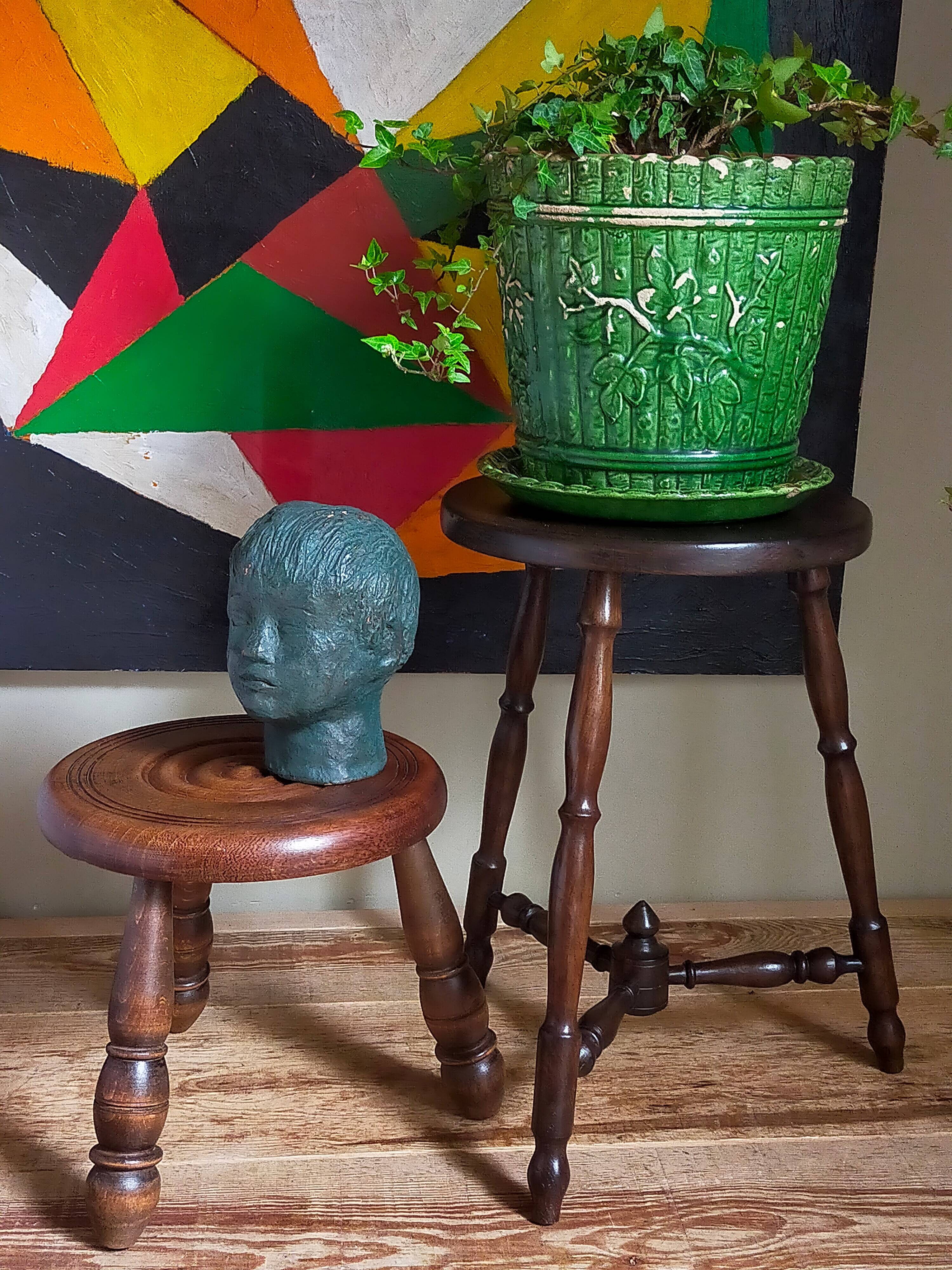 Low tripod stool in vintage turned solid wood