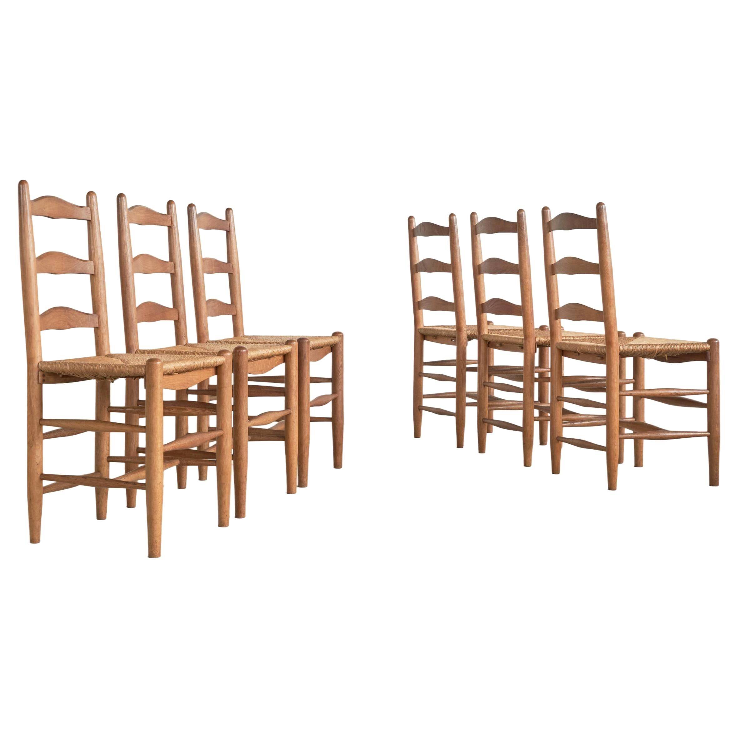 6 solid oak and woven bamboo chairs, mid-century, 1950s