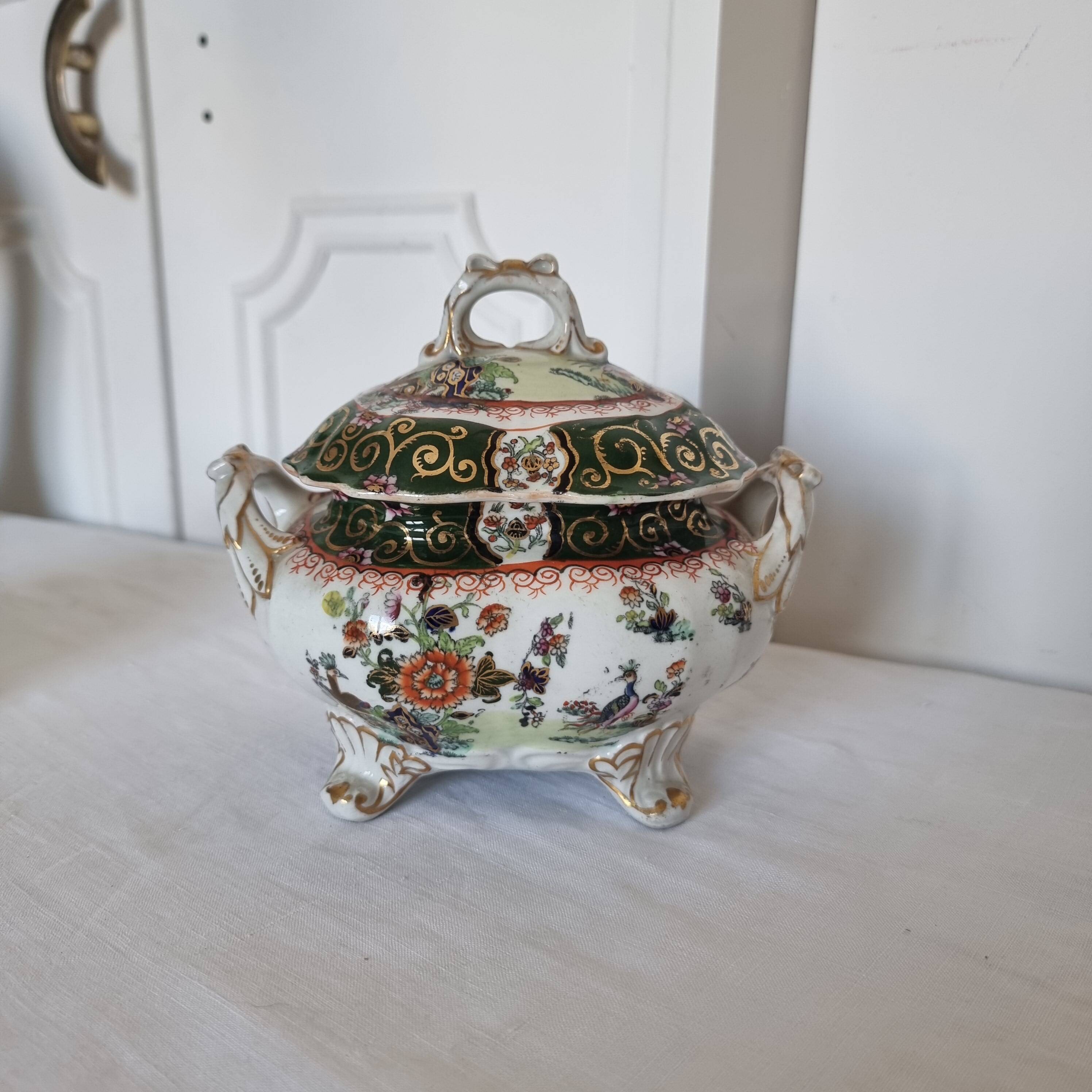 Antique Masons Sauce Boat with Lid English Porcelain Chinoiserie F