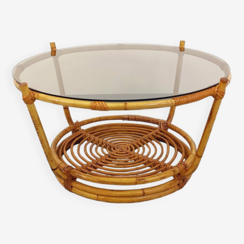 Vintage round coffee table in smoked glass and rattan from the 70s