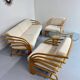 Complete living room with rattan sofa and white bouclette, brass finish, 80's design