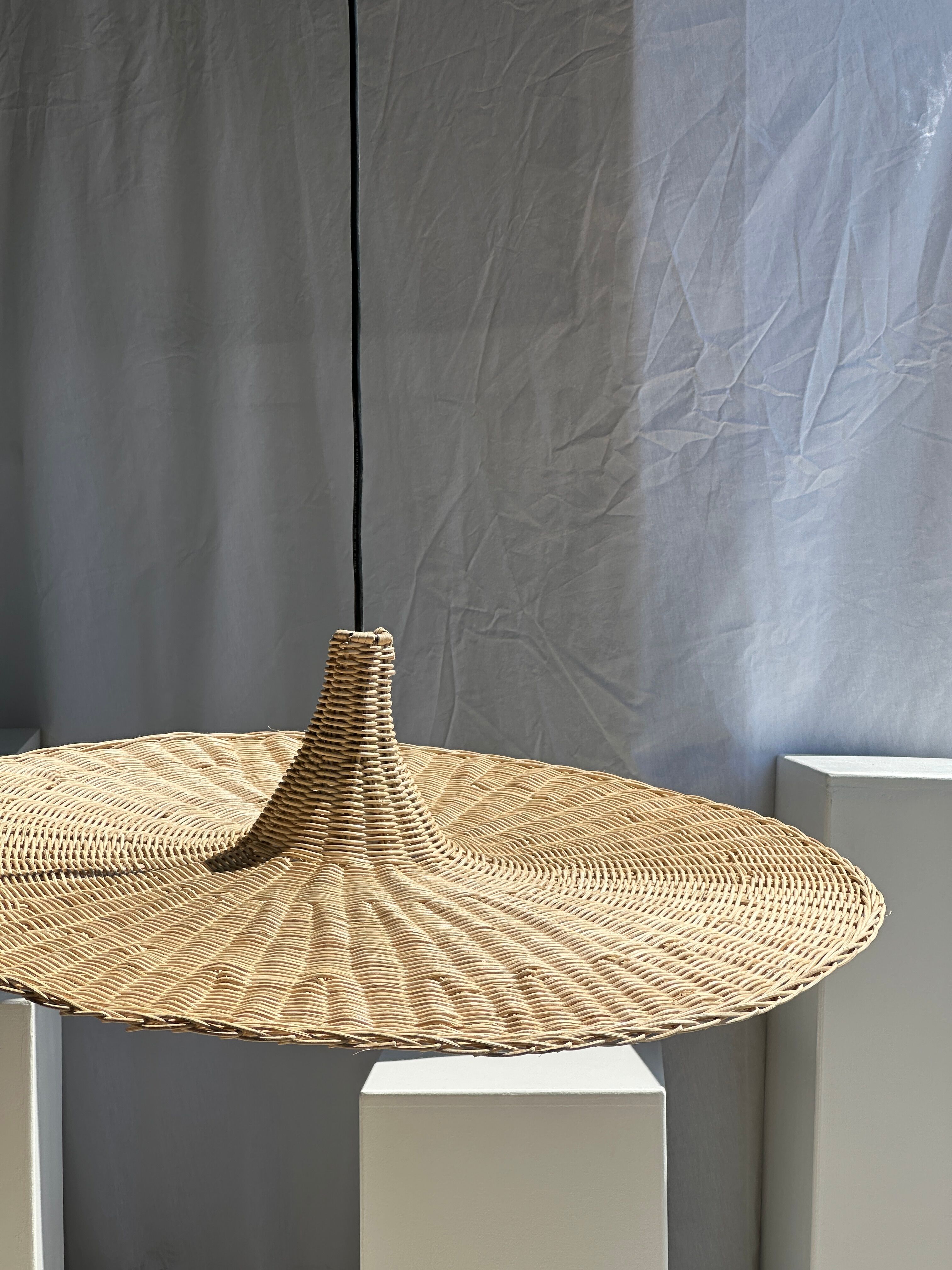 Large suspension, rattan luminaire in hat shape D:80cm