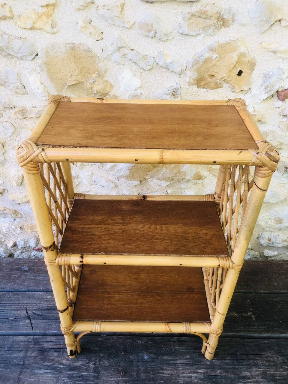 Wall shelf blond wood, bamboo, vintage rattan