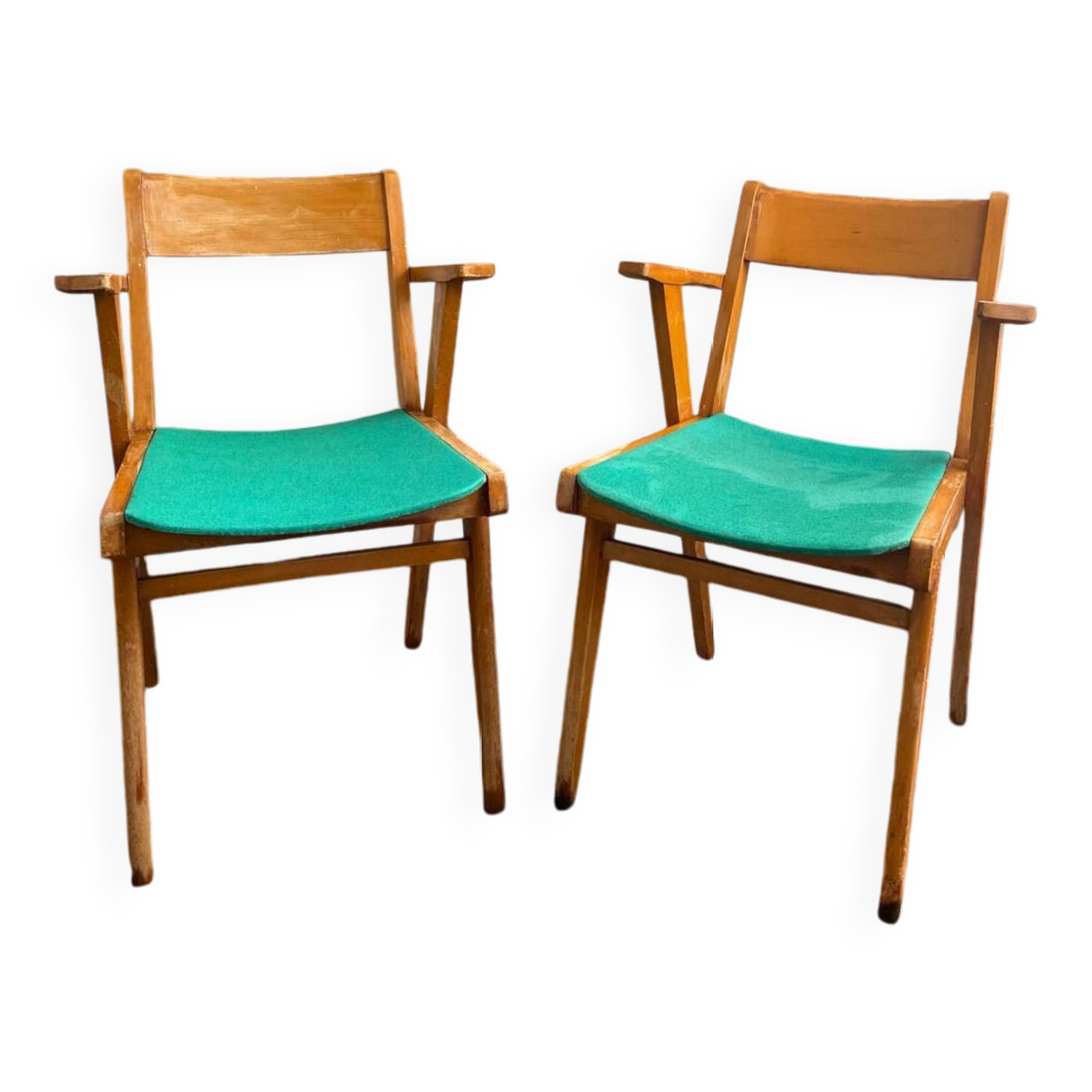 Lot de deux fauteuils Bridge Skaï pieds compas. Fauteuils scandinave vintage.