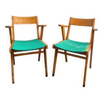 Set of two Skaï Bridge armchairs with compass feet. Vintage Scandinavian armchairs.
