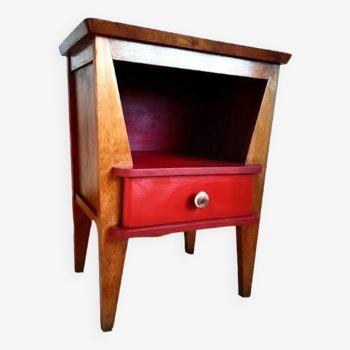 Art deco bedside table in raspberry painted wood