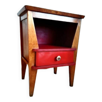 Art deco bedside table in raspberry painted wood