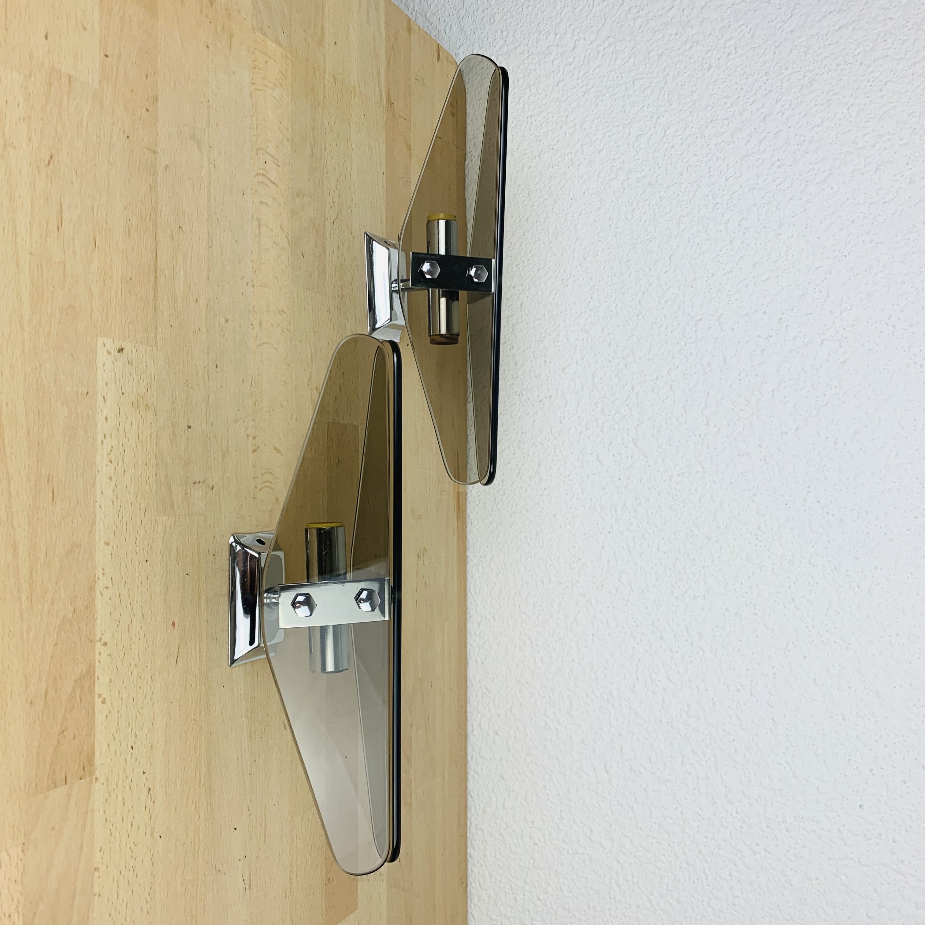 Pair of sconces smoked glass and chrome 70s