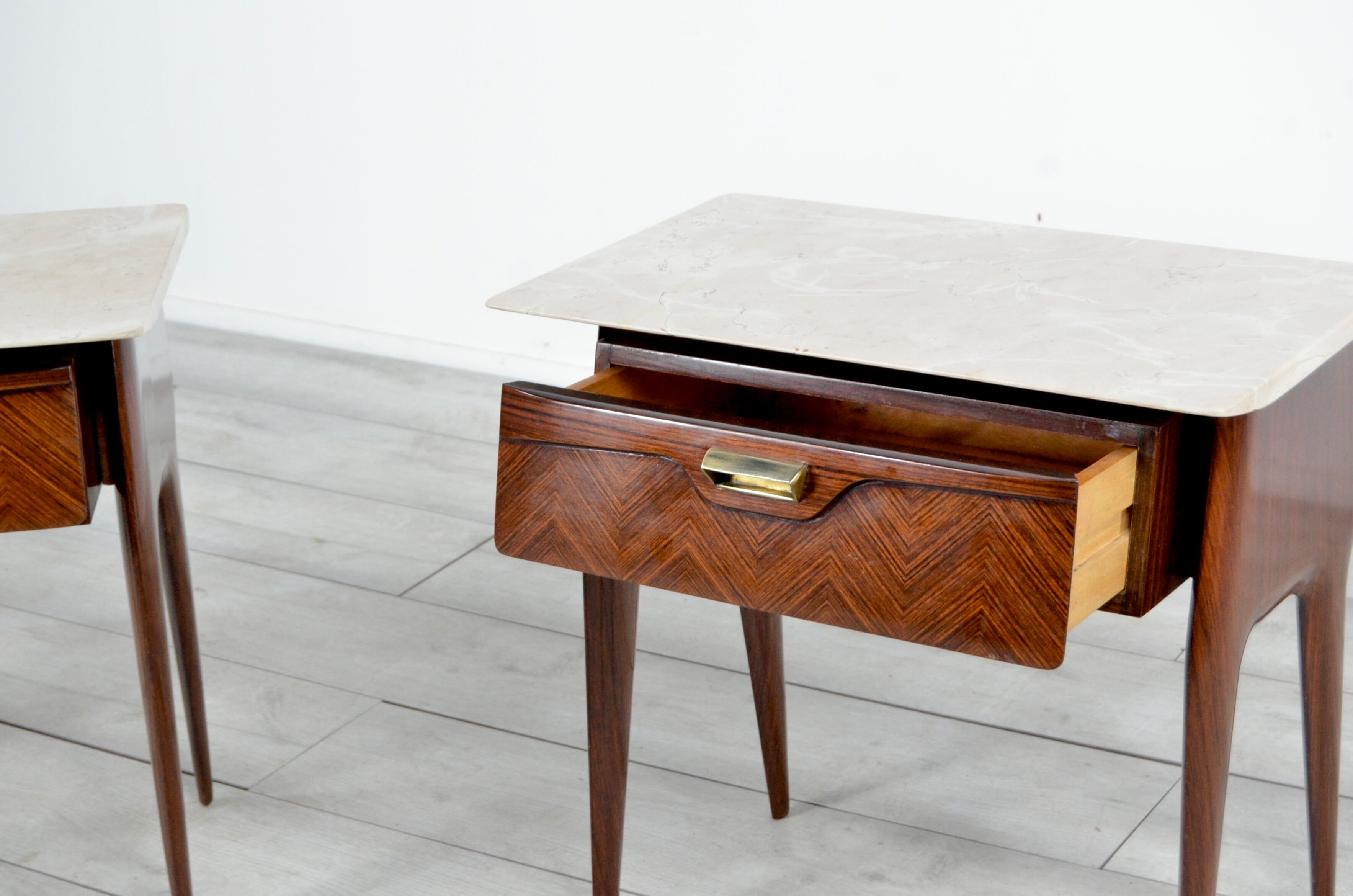 Set of 2 italian midcentury rosewood, carrara marble and brass bedside tables / cabinets. vintage