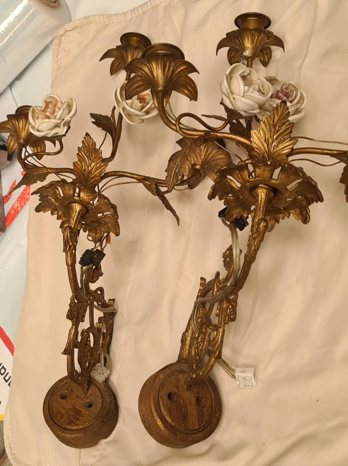 pair of wall lights brass bronze 1900 to 30 pink porcelain 45x28