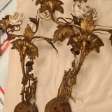pair of wall lights brass bronze 1900 to 30 pink porcelain 45x28