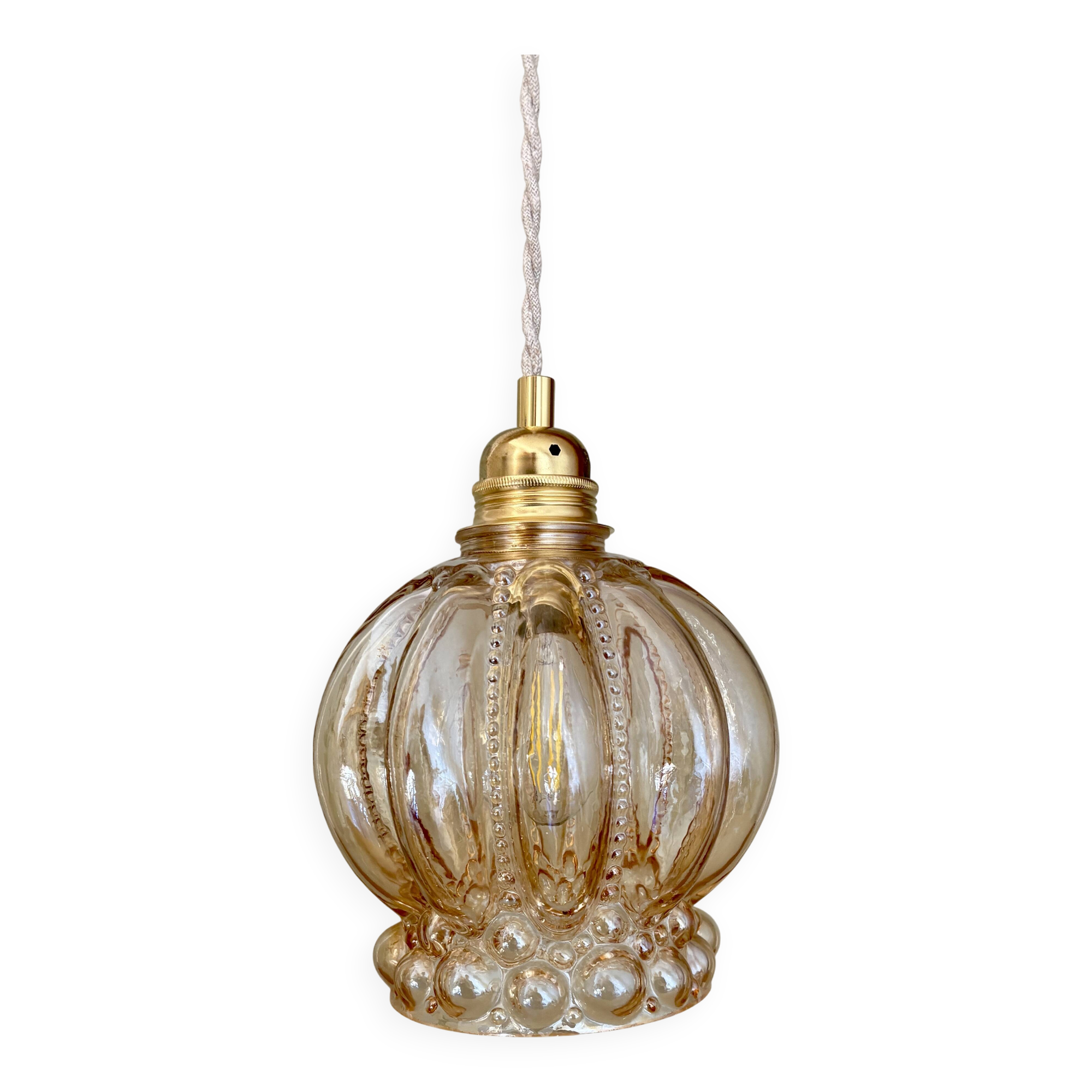 Vintage globe pendant light in amber bubble glass