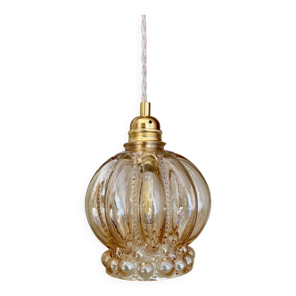 Vintage globe pendant light in amber bubble glass