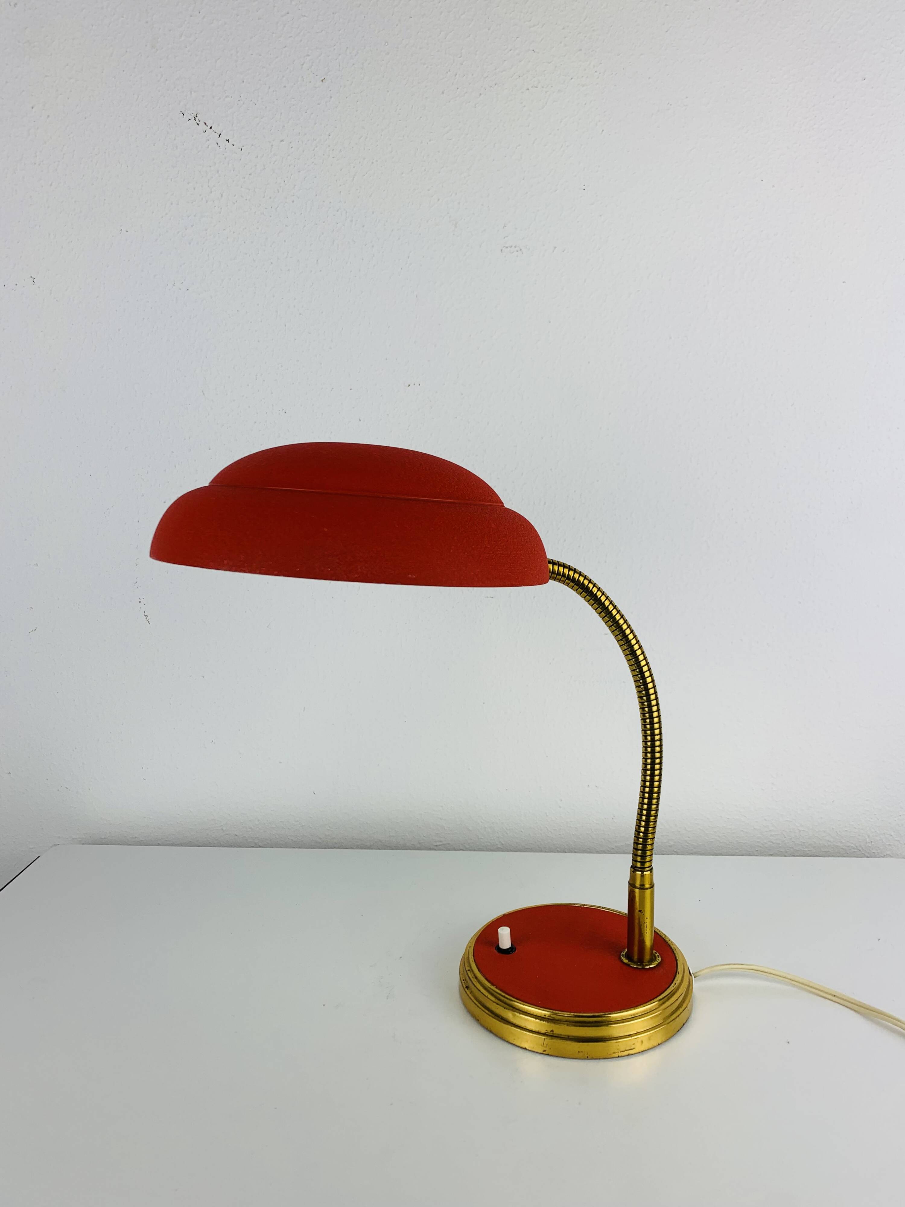 1950s desk lamp, red metal and brass