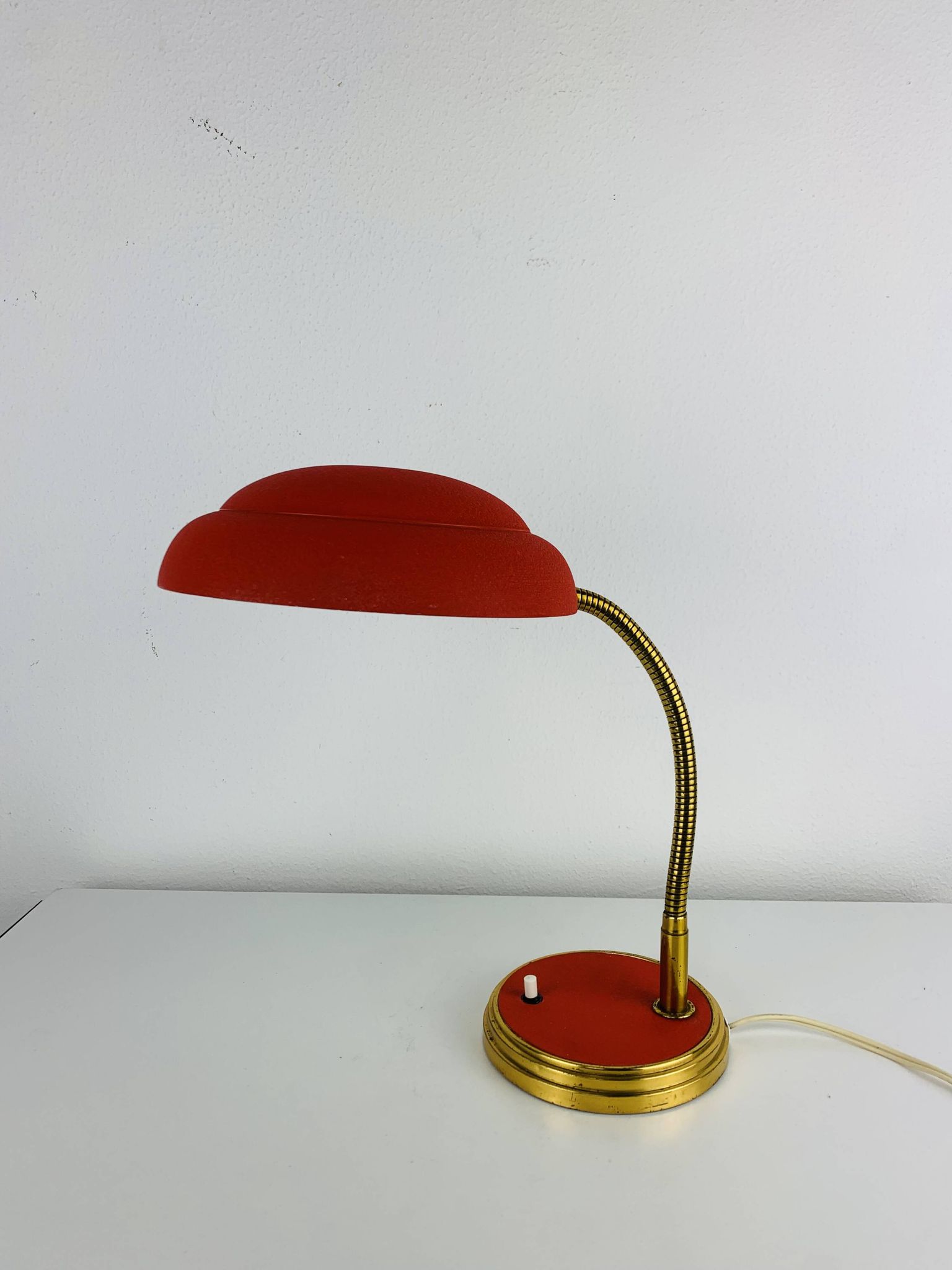 1950s desk lamp, red metal and brass