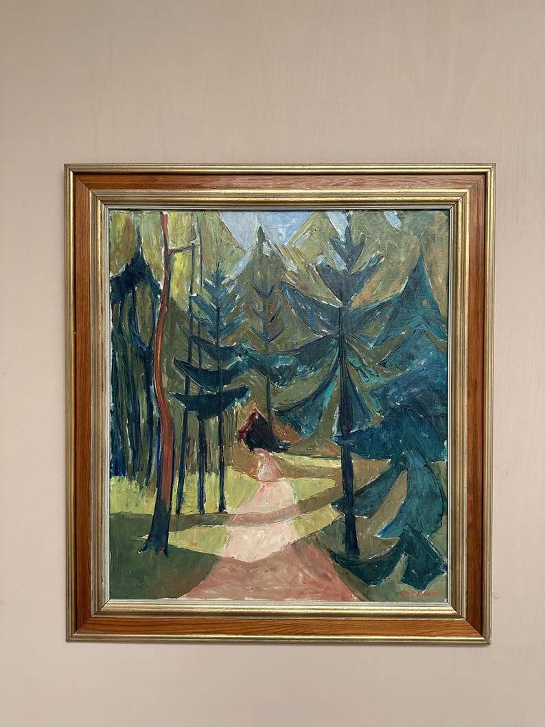 Large Original Swedish Oil on Canvas – 'Forest Road' by Leif Ewens – Signed – Vintage & Framed